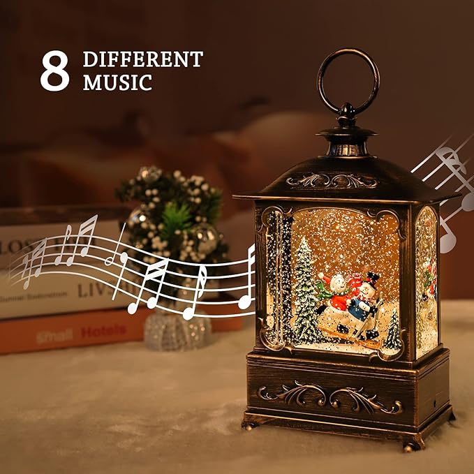 Christmas Snow Globe Lantern Christmas Decorations Water Glittering Lanterns with Music & Timer, USB Lined/Battery Operated Lighted Lantern for Christmas Festival Decoration Gifts (Skiing Snowman)