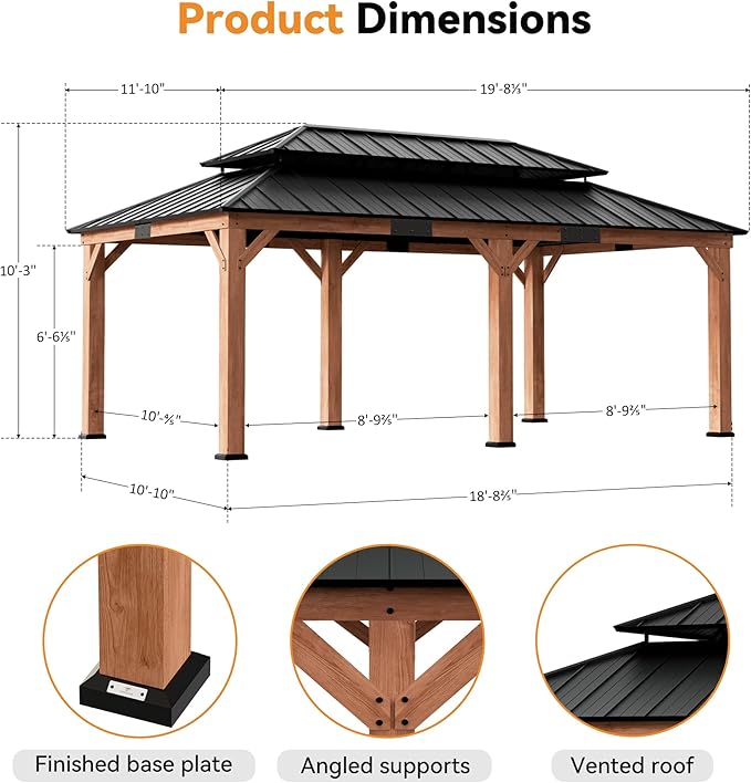 Modern Shade Rosewood Wood Gazebo 12' x 20', Cedar Framed Grill Gazebo with Double Galvanized Steel Roof, Permanent Hardtop Pavilion with Sturdy Hooks for Garden, Backyard, Patio, and Deck