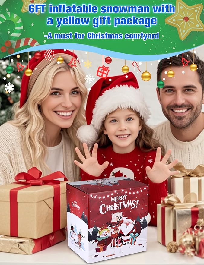 6FT Christmas Inflatables Outdoor Decorations,Inflatable Snowman Holding Gift Box Build-in LED Light-Christmas Blow Up Yard Decorations for for Indoor/Outdoor Holiday Garden Lawn Yard Patio