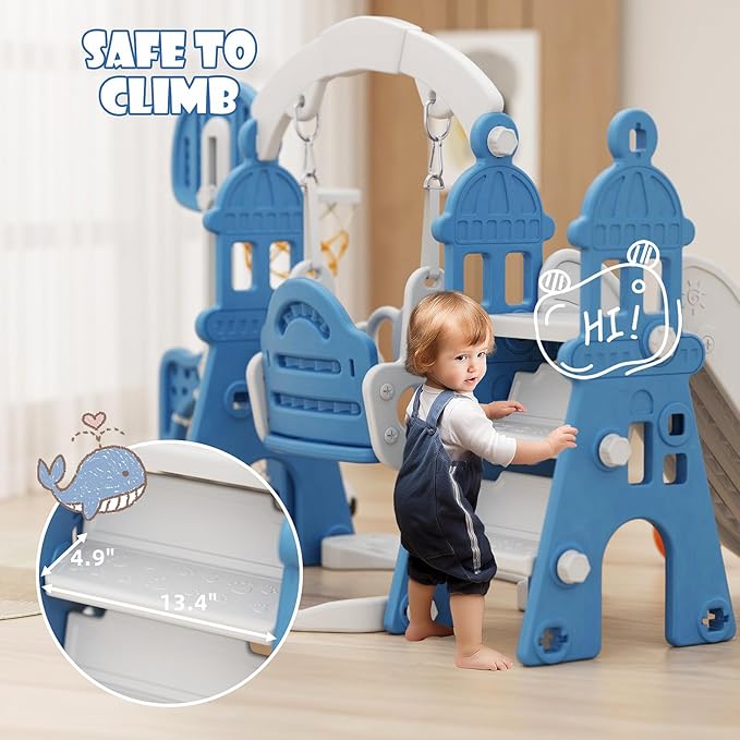 KORIMEFA 5-in-1 Kids Slide and Swing Set, Toddler Slide with Basketball Hoop, Swing, Outdoor Indoor Playground for Toddlers 1-3 (5 in 1- Blue)