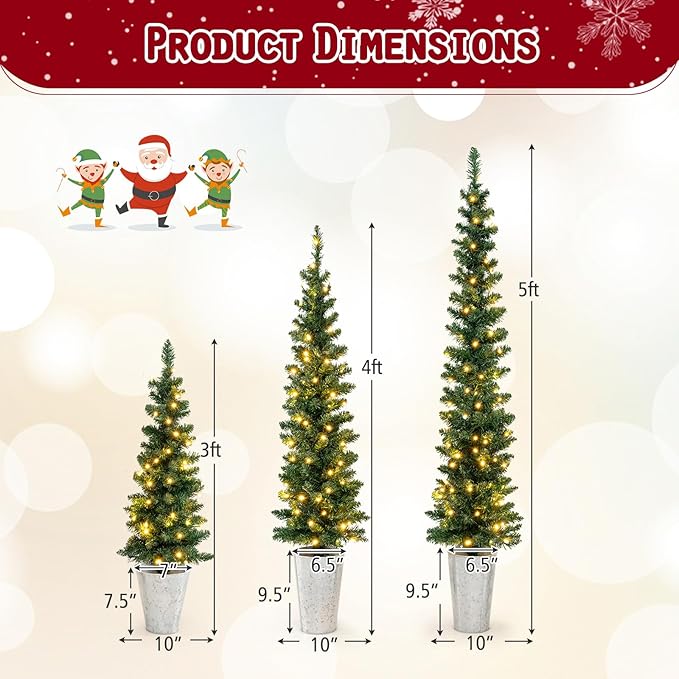 GOFLAME Set of 3 Pre-Lit Potted Christmas Trees, Artificial Pencil Christmas Tree Set 3Ft, 4Ft and 5Ft with Warm White LED Lights, Timer, Holiday Decoration Tree for Home Party