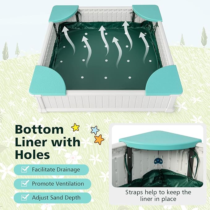 Costzon Kids Sandbox with Cover, 4ft x 4ft HDPE Sandpit with Oxford Cover, Bottom Liner, 4 Corner Seats, Weather Resistant Outdoor Sand Pit for Backyard Lawn Garden Beach (White)
