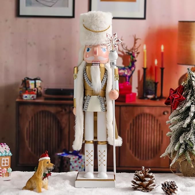 Christmas Nutcracker Decorations Nutcracker Figure 15 Inch Wooden Nutcrackers Collectible Ornament Nutcracker Soldier for Table Desktop Home Christmas Decor Xmas Indoor Decor White King