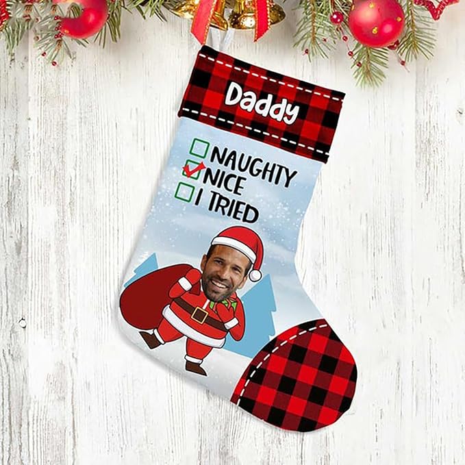 LOVELYPOD Christmas Stockings Personalized with Name, 19" Christmas Stocking Photo Nice Naughty I Tried Family Friends Stocking 2023, Xmas Stocking Holiday Christmas Decoration Gifts for Family Kids