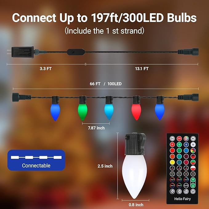 C9 Christmas Lights Outdoor, 66FT 100 LED RGB Color Smooth Changing Bulbs,App Bluetooth Music Sync, DIY Scenes & Timers, IP44 Waterproof Roofline Eaves Porch Fence Decorations