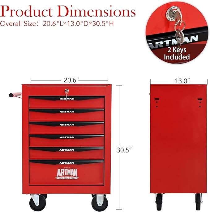 RYH 6 Drawers Rolling Tool Chest - Heavy Duty Mobile Tool Cart with Locking Wheels & Ball Bearing Drawers, 30.5 H x 20.9 W x 13 D Garage Tool Storage Cabinet (Red, 6 Drawers)