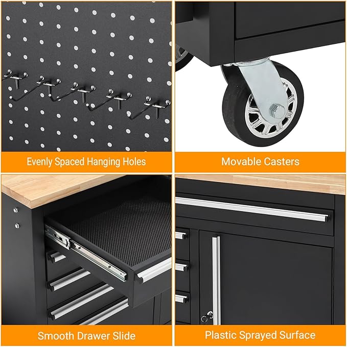 Tool Chest, 61 Inch Tool Box Mobile 9 Drawers Storage Rolling Cabinet with Wheels Lock Key Locking System Drawer Liners for Garage Warehouse Repair Shop, Black