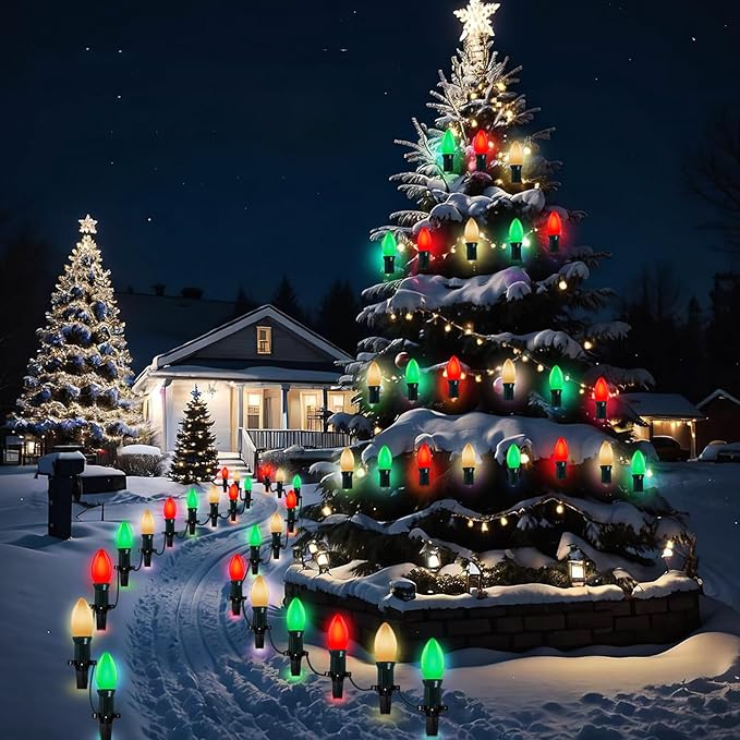 C9 Red White and Green Christmas Lights Outdoor, 25Ft Vintage Christmas String Lights with 26 Multicolor Ceramic Bulbs, Hanging Christmas Decorations Lights Waterproof for Holidays Roofline Party