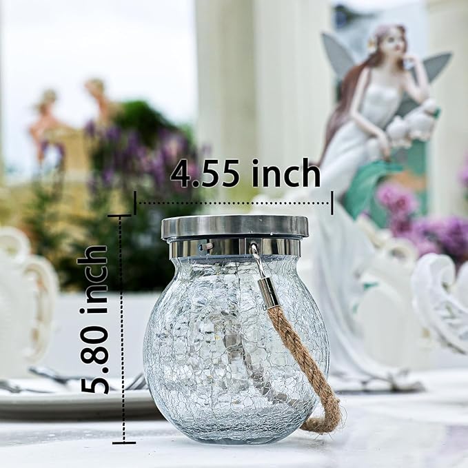 Cooo Christmas Gifts 4 Pack Heavy Crackle Glass Solar Lantern with 30 LED Firefly Lights– Waterproof Outdoor Hanging Lamp 215% Larger Solar Panel, Stainless Steel Lid Decorative Lighting for Garden