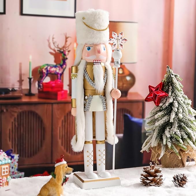 Christmas Nutcracker Decorations Nutcracker Figure 15 Inch Wooden Nutcrackers Collectible Ornament Nutcracker Soldier for Table Desktop Home Christmas Decor Xmas Indoor Decor White King