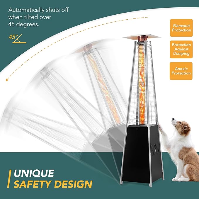 Pamapic Patio Heater with Cover, 48,000 BTU Pyramid Flame Outdoor Heater Quartz Glass Tube 87 Propane Heater