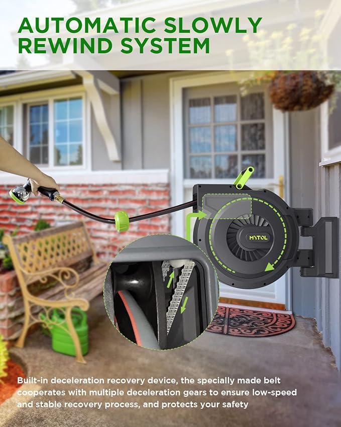 Retractable Garden Hose Reel, 1/2 Inch x 100 ft + 6 ft Wall Mount Hose Reel with Automatic Slow Rewind System, Any Length Lock, 10 Patterns Hose Nozzle, 180¡ÆSwivel Bracket, for Garden Watering