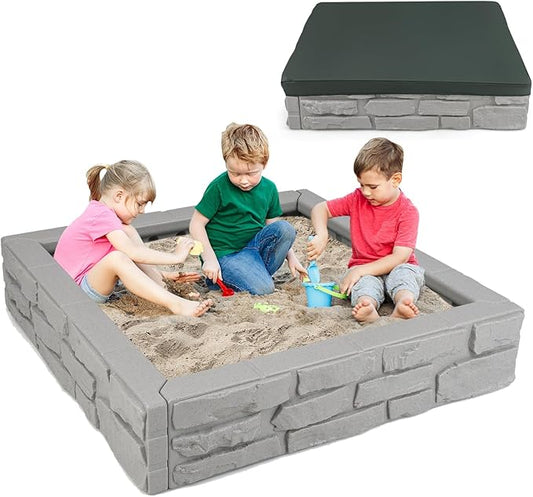 GLACER Sandbox with Cover, 47x 47 HDPE Sand Box w/Oxford Cover, Bottom Drainage Oxford Liner, All Weather Resistant Sand Pit in Backyard Lawn Garden Beach for Kids (Gray)