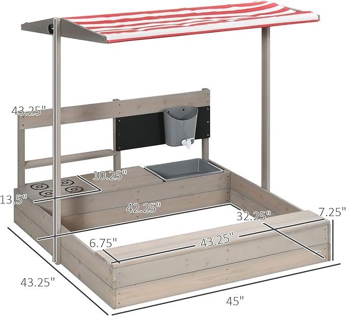 Outsunny Kids Sandbox with Cover, Wooden Outdoor Sandbox with Kitchen Playset Accessories, Height Adjustable Canopy, Outdoor Activity Gift for Boys and Girls Ages 3-7