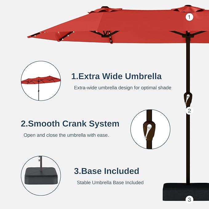 13FT Double-Sided Patio Umbrella with 48 Solar LED Lights, Large Rectangular Outdoor Market Umbrella with Crank Handle, Vented Canopy, Heavy-Duty 12 Rib Steel Frame, for Backyard, Garden, Pool, Orange