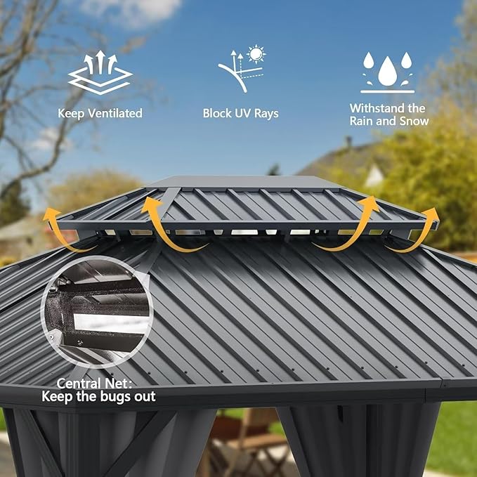 Domi 8’ X 10’ Hardtop Gazebo Canopy with Netting & Curtains, Outdoor Metal Gazebo with Galvanized Steel Double Roof for Patio Lawn and Garden, Gray