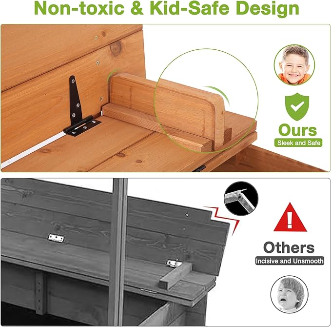 GUTINNEEN Wooden Sandbox with Adjustable Canopy, Outdoor Kids Sand Box with Foldable Benches, Sand Liner, Retractable Roof, 47¡±Lx47¡±Wx52¡±H