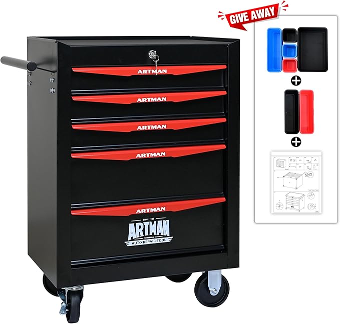 RYH 5 Drawers Rolling Tool Chest - Heavy Duty Mobile Tool Cart with Locking Wheels & Ball Bearing Drawers 30.5 H x 20.9 W x 13 D, Garage Tool Storage Cabinet (Black, 5 Drawers)