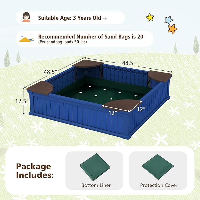 Costzon Kids Sandbox with Cover, 4ft x 4ft HDPE Sandpit with Oxford Cover, Bottom Liner, 4 Corner Seats, Weather Resistant Outdoor Sand Pit for Backyard Lawn Garden Beach (Navy)