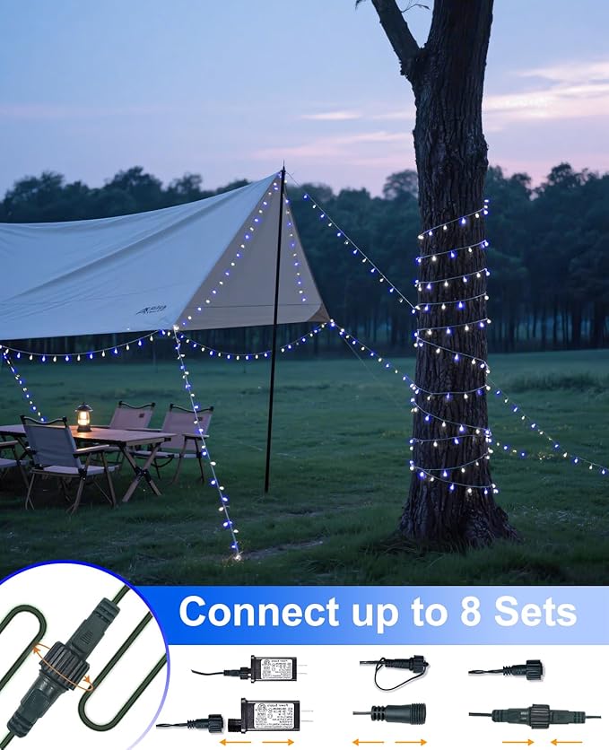 40FT 120 LED Christmas Lights Outdoor, Blue White Christmas String Lights Waterproof, 8 Modes & Timer, Connectable Christmas Tree Lights for Indoor Garden Yard Party Decorations