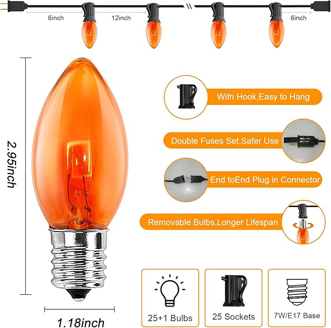 GOOTHY C9 Orange Christmas String Lights, 25Ft Outdoor Christmas Decorations Lights with 26 Incandescent Orange Bulbs, Connectable Patio Lights Waterproof for Outdoor Halooween Party Backyard Roofline