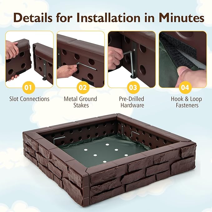 Costzon Kids Sandbox with Cover, 47x 47 HDPE Sand Box w/Oxford Cover, Bottom Liner, Reinforced Structure, Weather Resistant Outdoor Sand Pit for Backyard Lawn Garden Beach (Brown)