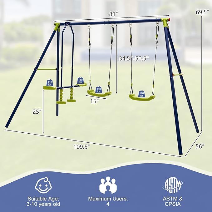 Costzon 440 lbs Swing Set for Backyard, 2-in-1 Heavy Duty Extra Large Metal Swing Frame with 2 Swings, Glider, Adjustable Hanging Ropes, Outdoor Playground Play Equipment, Swing Stand for Kids