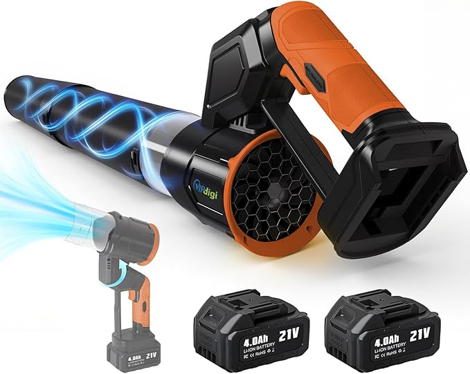 Electric Leaf Blower Cordless, 180¡Æ Rotatable, 2 Batteries & Charger, Handheld Leaf Blowers for Lawn Care, 4 Speed Mode, Portable Lightweight Grass Blower for Yard (Orange-Black)