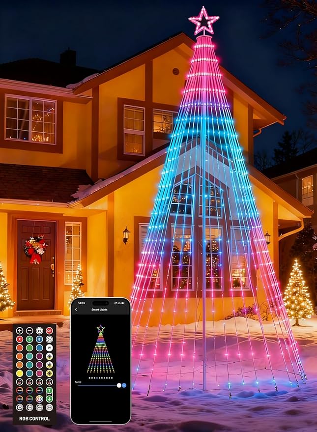 17FT Christmas Tree Lights with 564 LEDs, RGB Color Changing String Lights with Remote & Smart App Control, 52+ Modes, IP67 Waterproof Waterfall Lights with Pole for Xmas Outdoor Decorations