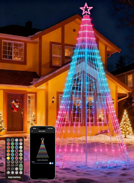 12FT Christmas Tree Lights with 355 LEDs, RGB Color Changing String Lights with Remote & Smart App Control, 52+ Modes, IP67 Waterproof Waterfall Lights with Pole for Xmas Outdoor Decorations