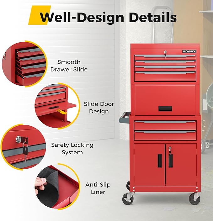 Goplus Tool Chest, 6 Drawers 3-in-1 Extra Large Tool Storage Cabinet with 4¡± Universal Lockable Wheels, Auto Lock, Protective Liner, Heavy Duty Rolling Tool Box for Garage, Workshop