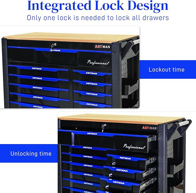 Rolling Tool Chest on Wheels, Heavy Duty Metal Tool Cabinet Chest with 12 Drawers, Wooden Workbench Top, Large Tool Cart for Warehouse, Garage, Workshop, Repair Shop, Tool Organizer Chest