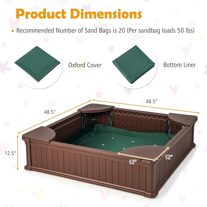 HONEY JOY 12.5 Kids Sandbox with Cover, 48 x 48 Inch Large HDPE Pit for Backyard, 4 Corner Seats & Bottom Liner, Sand Protection, All Weather Resistant Sand Boxes for Kids Outdoor (Coffee)