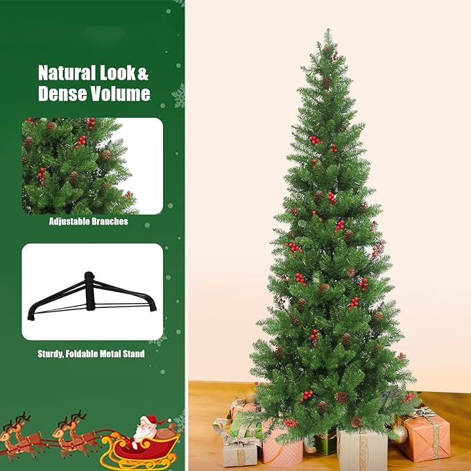 7.5FT Artificial Slim Christmas Tree, Pencil Christmas Tree UV Resistant Outdoor & Indoor Xmas Decor with Red Berries & Pine Cones for Holiday Décor