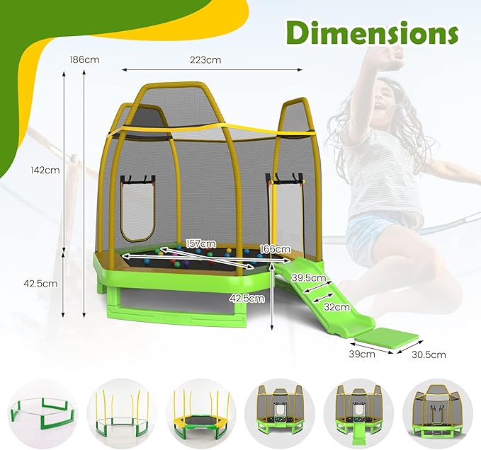 GYMAX Trampoline for Kids, ASTM Approved 7FT Trampoline with Slide, Ladder, Ocean Balls & Mats, Small Indoor/Outdoor Toddler Recreational Trampoline with Enclosure Net, Backyard Trampoline