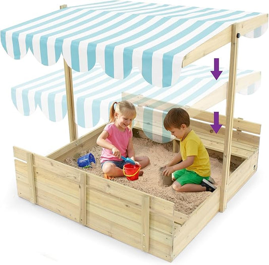 Plum? Kids Outdoor Wooden Sandbox with Lid - Toddler Sensory Toys, Outdoor Sand Box for Kids with Bench Seat, Adjustable Canopy & Bottom Liner, UV-Protection, Weatherproof, Easy Assembly, Ages 3+ Yrs