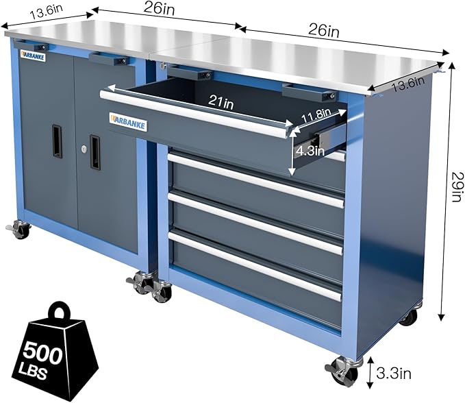 Combination Tool Chest with Lock,5-Drawer/2 Door Tool Cabinet can be Interconnected,Rolling Tool Chest with Wheels and Padded Feet,with Stainless Steel Protective Film Countertop