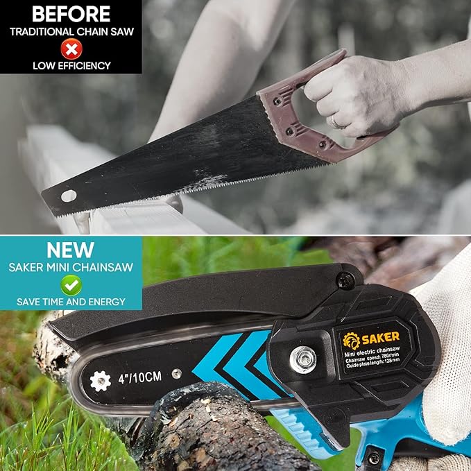 Saker Mini Chainsaw,Portable Electric Cordless Chainsaw,Battery Powered,Small Power Handheld Chain Saws Pruning Shears for Tree Branches,Valentine's Day Gifts for Men Women(2 Batteries&3 Chains)