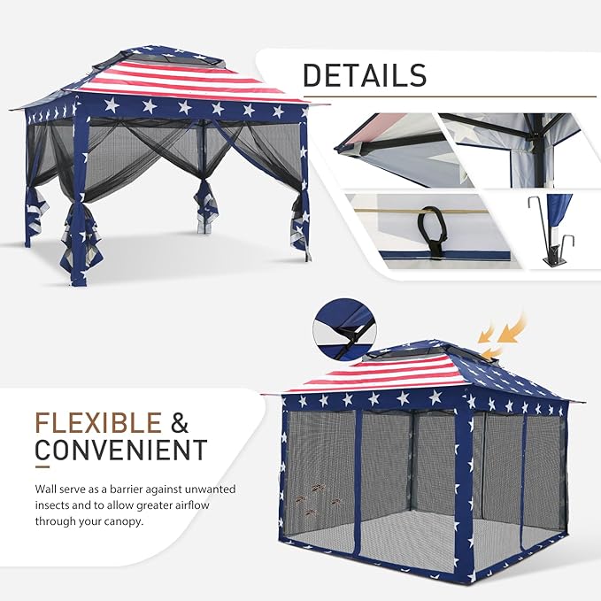 COOS BAY 11x11 Pop Up Gazebo with Mesh Netting, Instant Outdoor Canopy Tent, Water Resistant Shelter with UPF 50+ UV Protection, 121 Sq Ft Coverage, American Flag