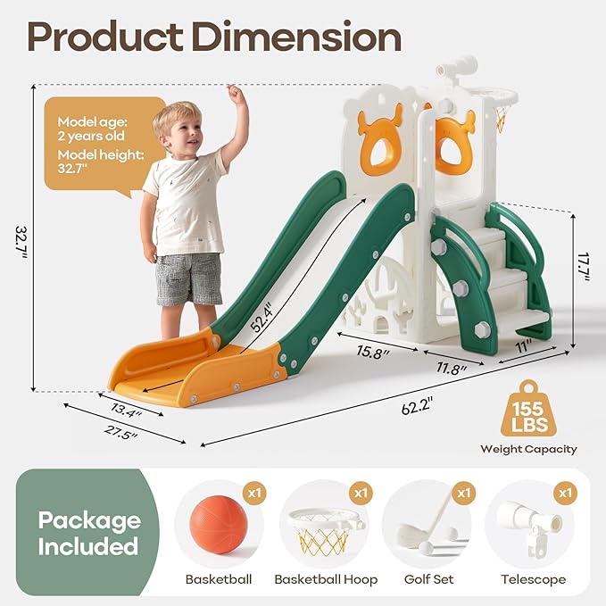 Mloong 7 in 1 Toddler Slide, Kids Slide for Toddlers Baby 1-3 Years Old, Indoor and Outdoor with Basketball Hoop Upgraded Golf, Plastic Slides for Kids Elk Theme(Yellow & Green)(28×62×39in)
