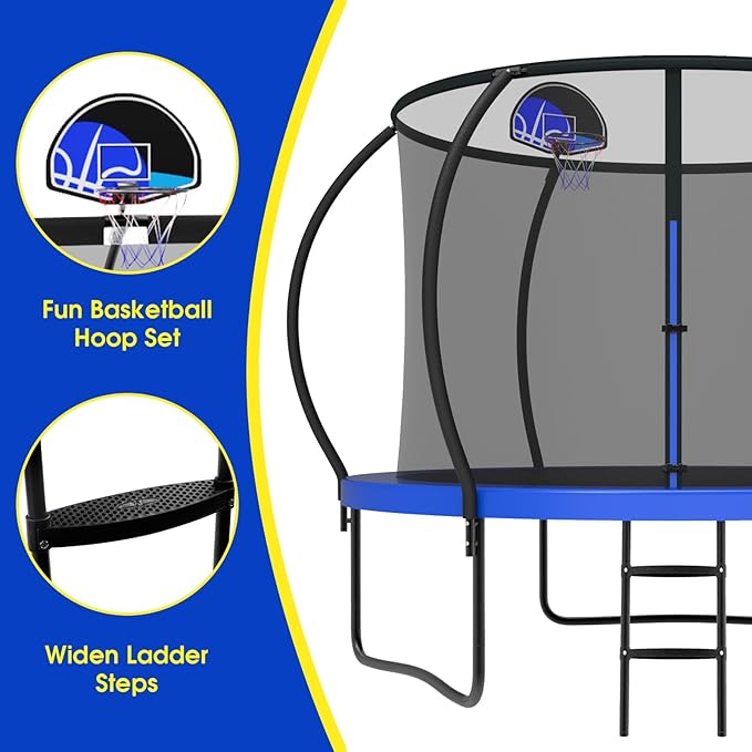 SKYUP 2026 Upgraded 8 10 12 14 15 16 FT 1500lbs Tranpoline for Kids and Adults with Light+Sprinkler+Socks, Recreational Tranpoline with Basketball Hoop, Ladder, ASTM Approved Tranpoline for 7-10 Kids