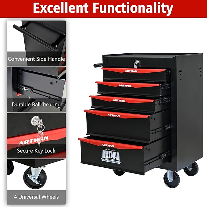 RYH 5 Drawers Rolling Tool Chest - Heavy Duty Mobile Tool Cart with Locking Wheels & Ball Bearing Drawers 30.5 H x 20.9 W x 13 D, Garage Tool Storage Cabinet (Black, 5 Drawers)