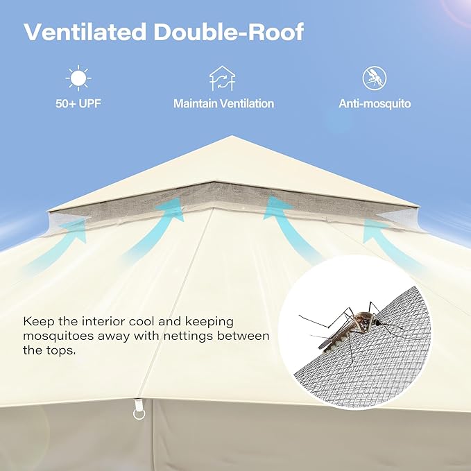 LAUSAINT HOME 10x10ft Outdoor Patio Gazebo with Double Roof, Heavy Duty Waterproof Gazebo Canopy Tent with Mosquito Netting for Backyard, Garden, Lawn & Wedding, Cream White