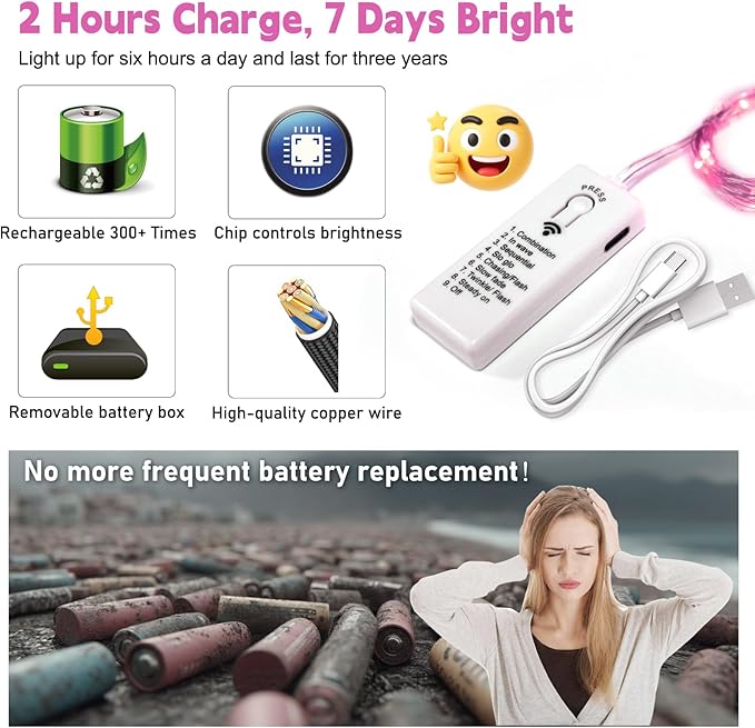 ZSJWL 6 Pack Rechargeable Fairy Lights with Remote & DIY Timer, 7Ft 20LED Mini Battery String Light, Twinkle Silver Copper Wire Lights for Wedding Party Bedroom Christmas Table Decoration (Pink)