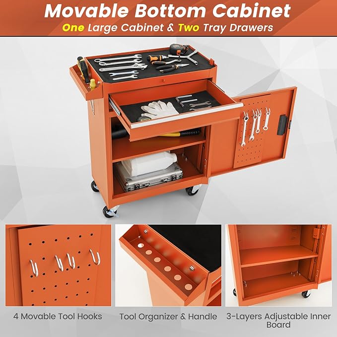 ERGOMASTER Tool Chest Heavy Duty Rolling Tool Box with Cabinet 5-Drawer for Lockable & Removable Cabinet for Garage and Workshop - Orange