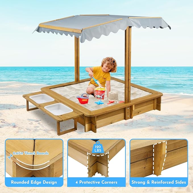 Sandbox with Lid, Outdoor Wooden Kids Sand Box with Adjustable Canopy & Two Toy Basins, Sandbox with Cover for Backyard, Beach, Gift for Kids Aged 2-8, Bottom Liner & UV-Resistant, 45''