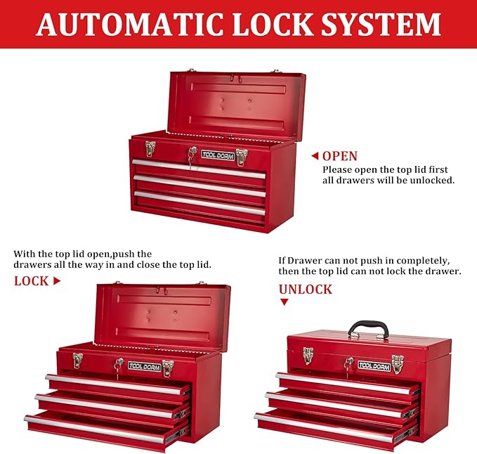 20.3¡° Metal Tool Box with Drawer Portable Steel Tool Box with Protective Liner and Latch Closure and Lock for Garage, Home and Warehouse (Red-3 Drawers)
