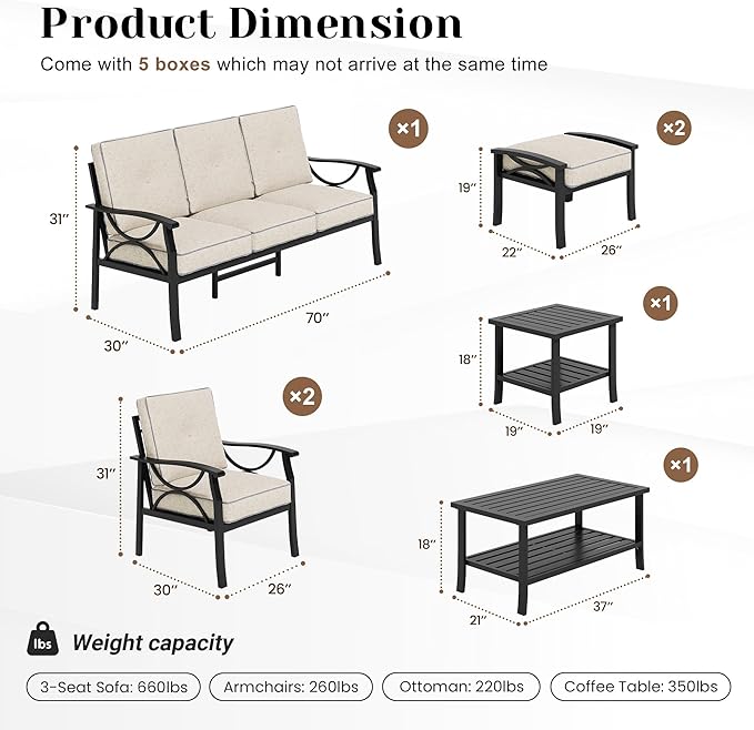 7-Piece Outdoor Patio Furniture Set, Outdoor Metal Sectional Furniture with Cushions, Outdoor Conversation Seating Set with Side Table for Backyard, Garden, Balcony, Deck, Black