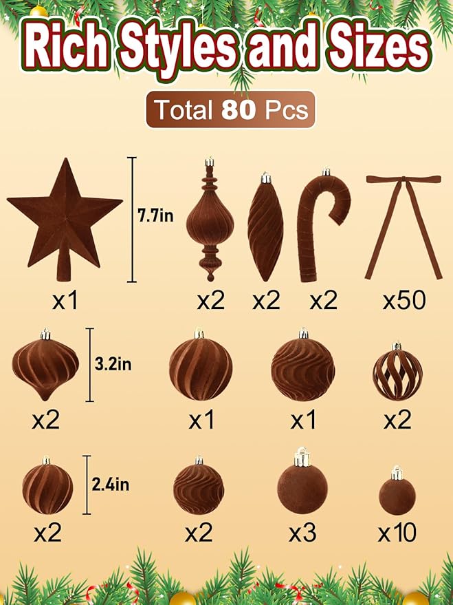 80Pcs Velvet Star Topper & Ornaments for Christmas Tree Decorations - 1 Topper Star, 2 Candy Canes, 27 Flocked Shatterproof Balls and 50 Bows (Brown)