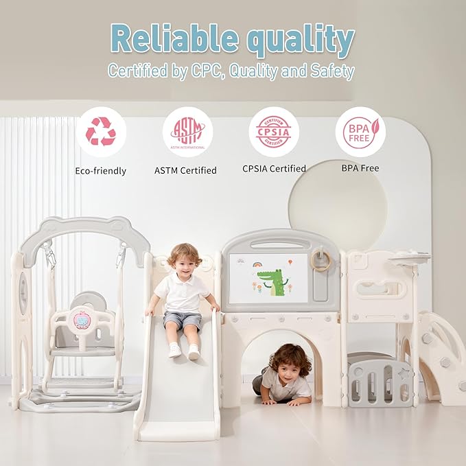 Outdoor Toddler Playset with Swing for Toddler Slide Indoor Playground for Kids, Playsets with Slide, Basketball Hoop, Climber, for Backyard
